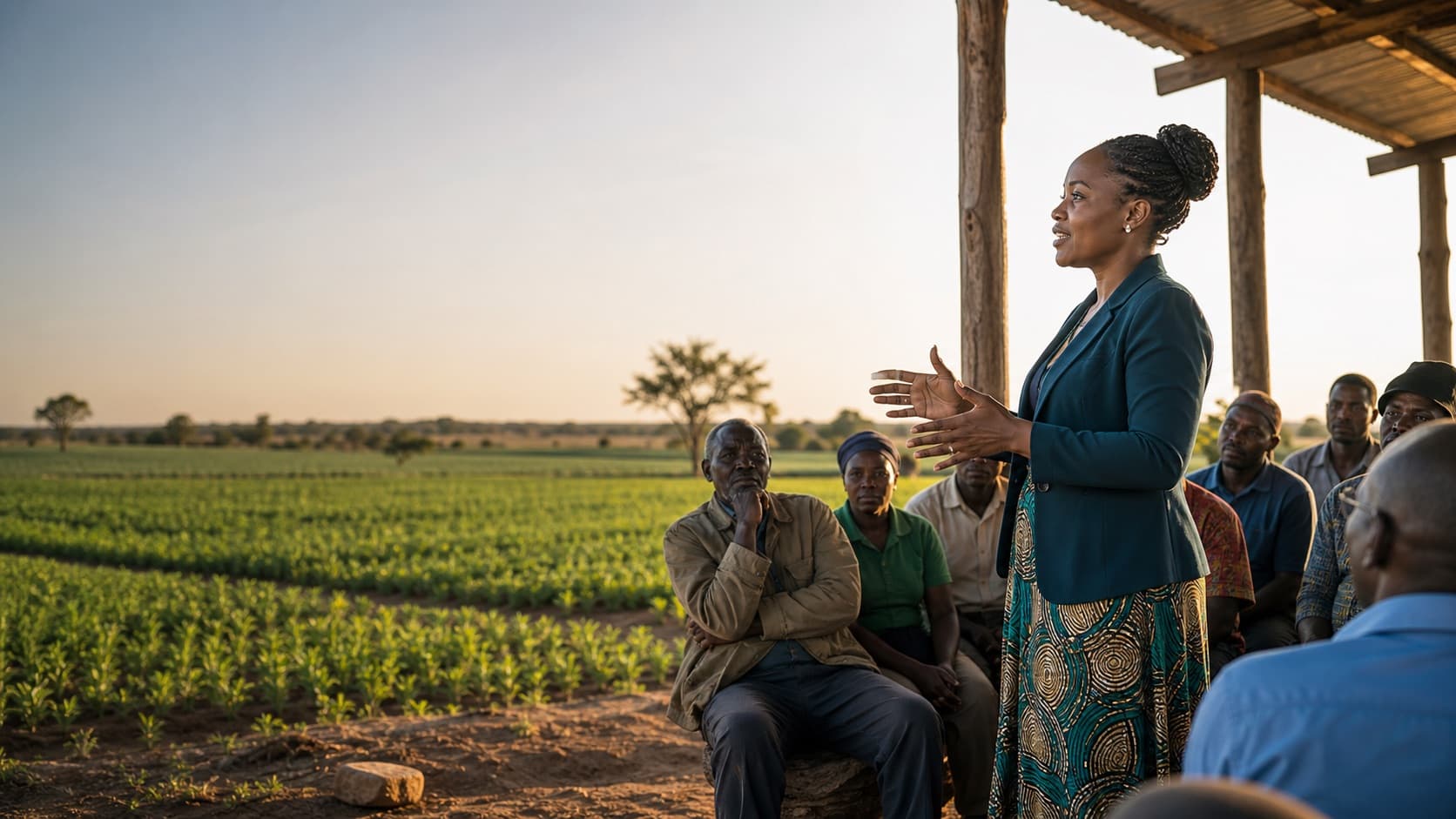 A facilitator leading a community discussion beside cultivated fields